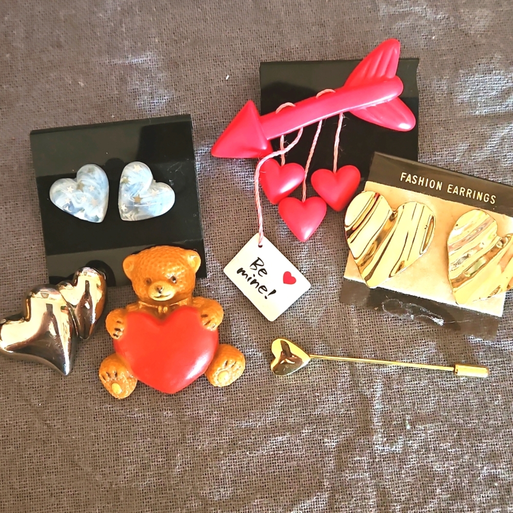 Lot Of 1980s Heart Themed Jewelry Earrings Pins Brooch New Old Stock Retro
